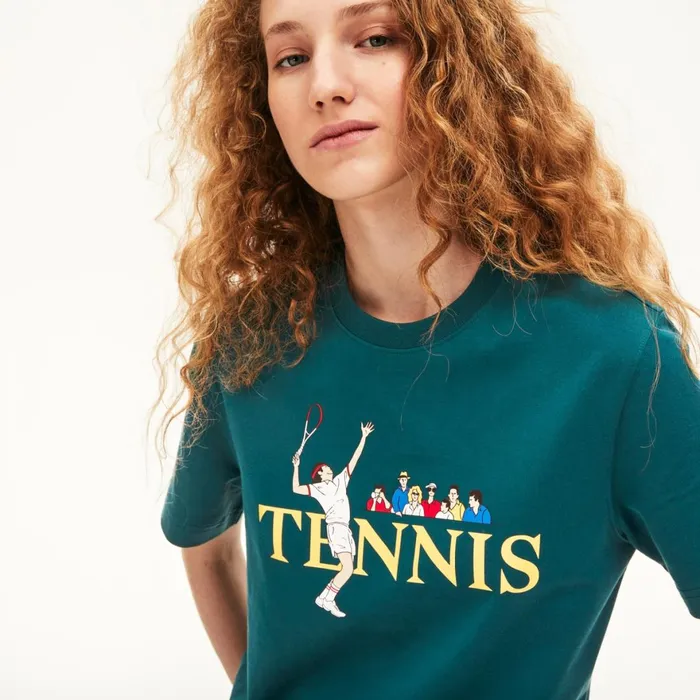 Unisex LIVE TennisPrint Cotton TShirt GreenWhite Mens Lacoste TShirts Casaul