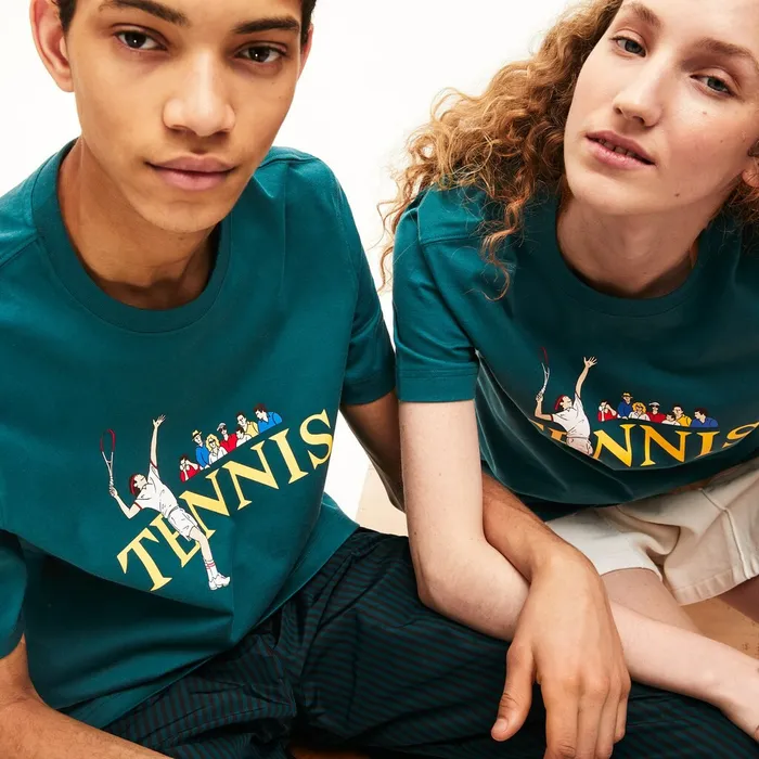 Unisex LIVE TennisPrint Cotton TShirt GreenWhite Womens Lacoste TShirts Casaul