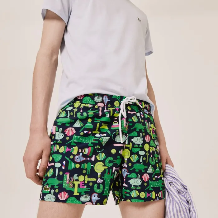 Unisex x Jeremyville Light Print Swim Shorts Navy BlueWhite Mens Lacoste Swimwear Outlet Factory