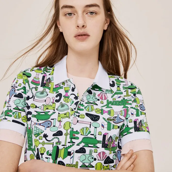 Unisex x Jeremyville Print Regular Fit Piqu Polo Shirt White Womens Lacoste Polos Casaul