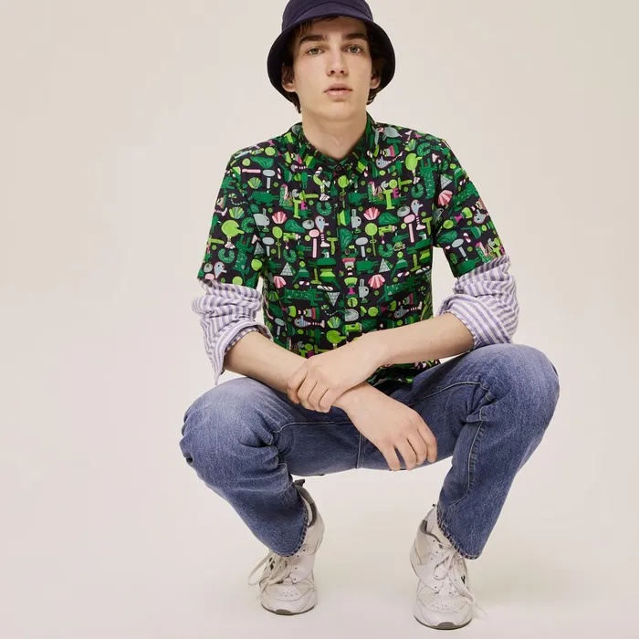 Unisex x Jeremyville Regular Fit Cotton Shirt Navy BlueWhite Mens Lacoste Button Down Shirts Online