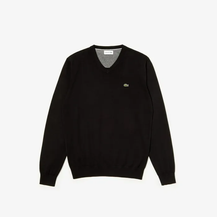 Vneck Caviar Piqu Accent Cotton Jersey Sweater BlackWhiteBlack Mens Lacoste Sweaters Online