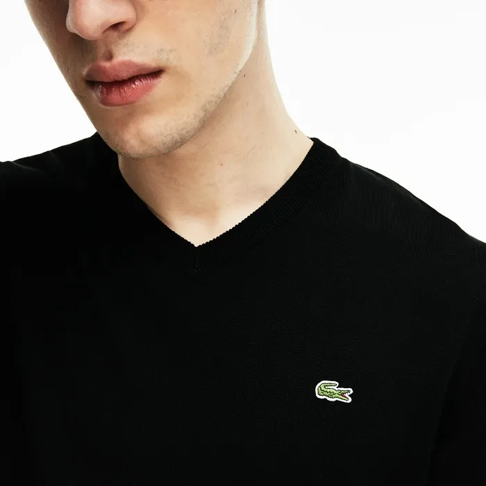 Vneck Caviar Piqu Accent Cotton Jersey Sweater BlackWhiteBlack Mens Lacoste Sweaters Online