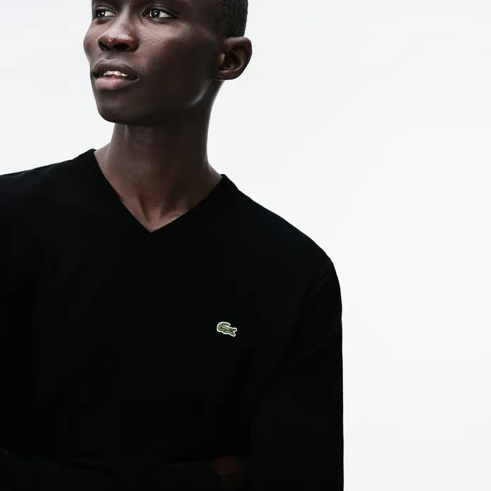Vneck Caviar Piqu Accent Cotton Jersey Sweater BlackWhiteBlack Mens Lacoste Sweaters Online
