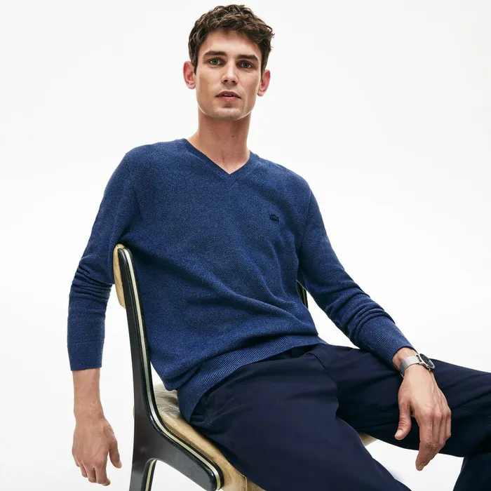 Vneck Cotton Piqu Sweater Blue Chine Mens Lacoste Sweaters Shop