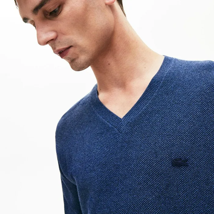 Vneck Cotton Piqu Sweater Blue Chine Mens Lacoste Sweaters Shop