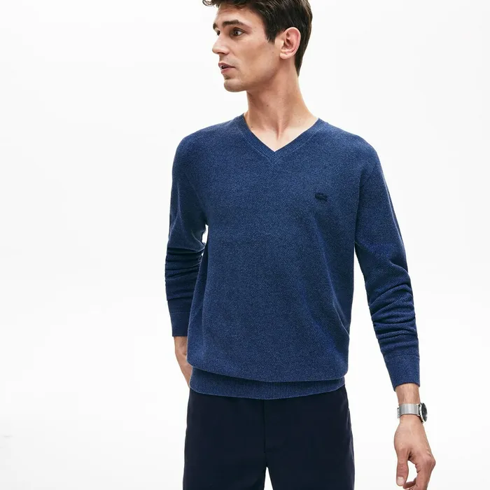 Vneck Cotton Piqu Sweater Blue Chine Mens Lacoste Sweaters Shop