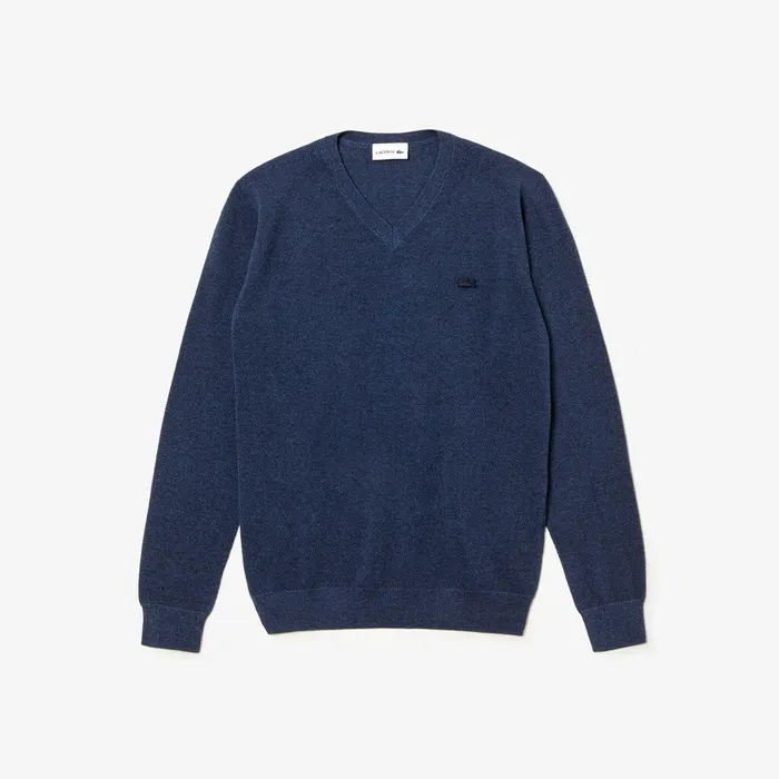 Vneck Cotton Piqu Sweater Blue Chine Mens Lacoste Sweaters Shop