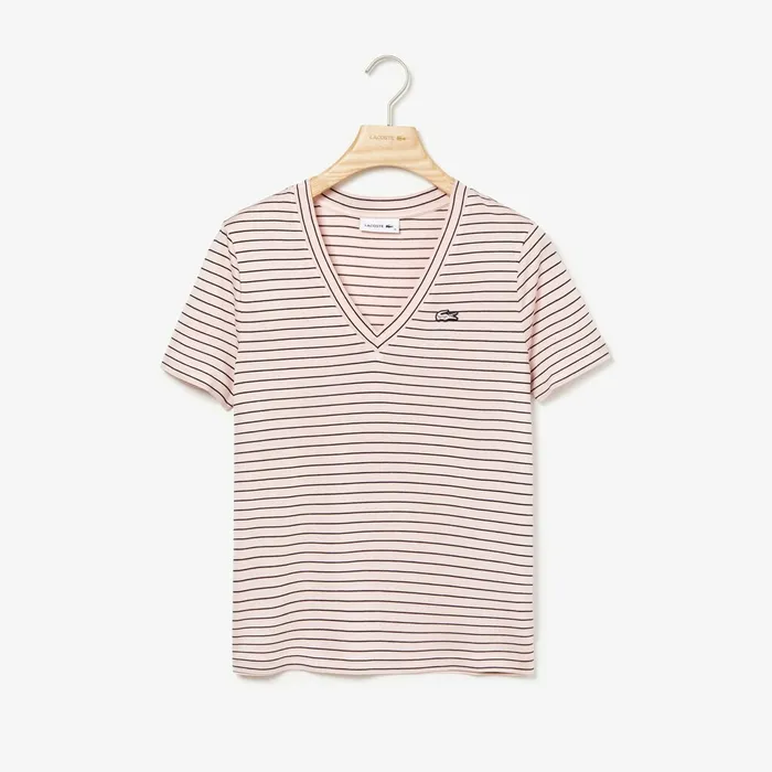 Vneck Jersey Tshirt Light PinkNavy Blue Womens Lacoste TShirts Popular