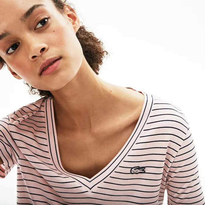 Vneck Jersey Tshirt Light PinkNavy Blue Womens Lacoste TShirts Popular