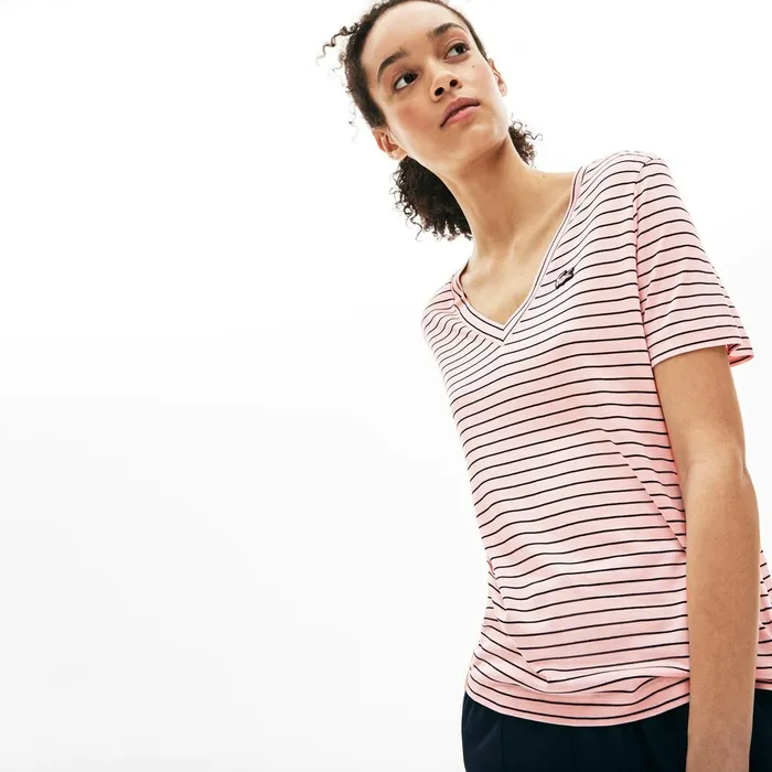 Vneck Jersey Tshirt Light PinkNavy Blue Womens Lacoste TShirts Popular
