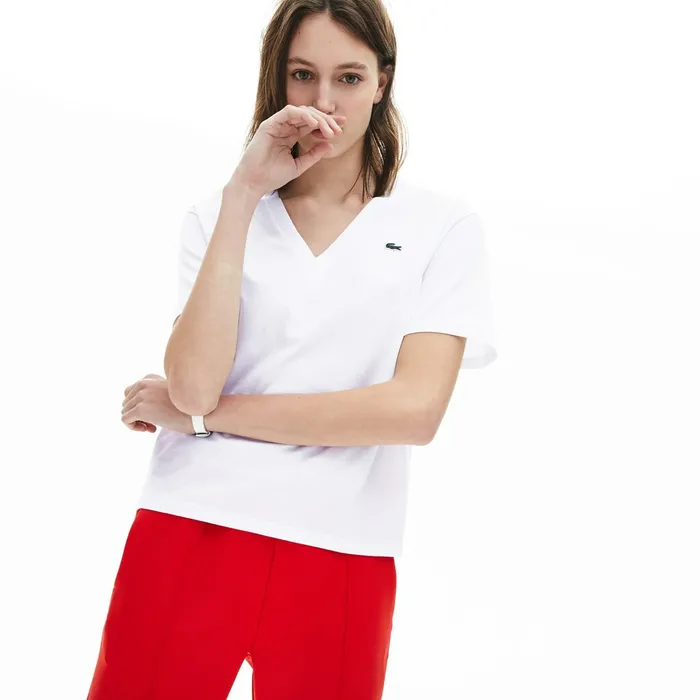 VNeck Premium Cotton TShirt White Womens Lacoste TShirts Online Store