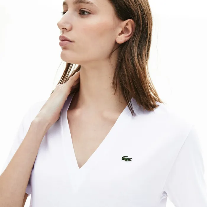 VNeck Premium Cotton TShirt White Womens Lacoste TShirts Online Store