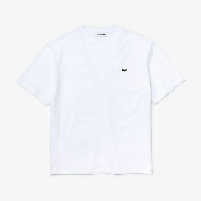 VNeck Premium Cotton TShirt White Womens Lacoste TShirts Online Store