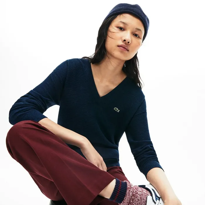 VNeck Texturized Cotton Sweater Navy BlueBlueBlack Womens Lacoste Sweaters and Sweatshirts Gift 4 You VNeck Texturized Cotton Sweater Navy BlueBlueBlack Womens Lacoste Sweaters and Sweatshirts Gift 4 You