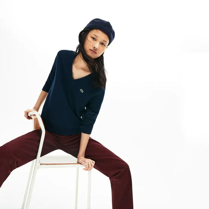 VNeck Texturized Cotton Sweater Navy BlueBlueBlack Womens Lacoste Sweaters and Sweatshirts Gift 4 You