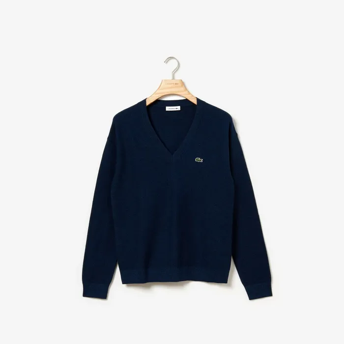 VNeck Texturized Cotton Sweater Navy BlueBlueBlack Womens Lacoste Sweaters and Sweatshirts Gift 4 You
