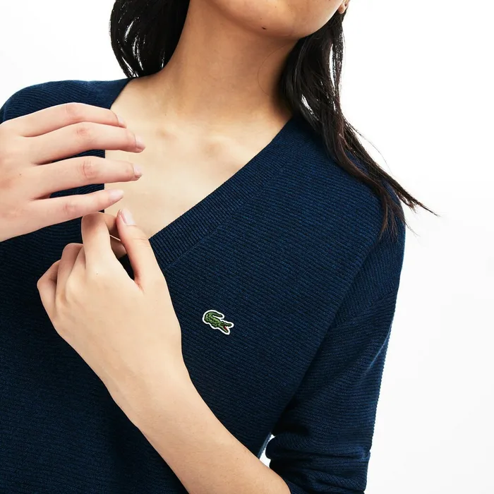 VNeck Texturized Cotton Sweater Navy BlueBlueBlack Womens Lacoste Sweaters and Sweatshirts Gift 4 You
