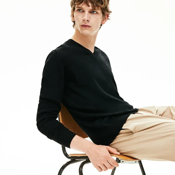 Vneck Wool Jersey Sweater Black Mens Lacoste Sweaters For Sale Online