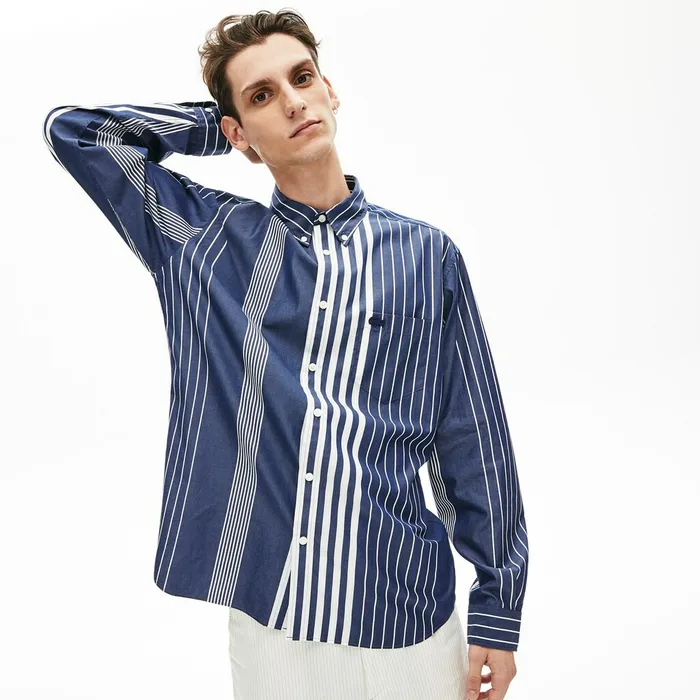 VariegatedStripe Relaxed Cotton Shirt Navy BlueWhite Mens Lacoste Button Down Shirts Casaul