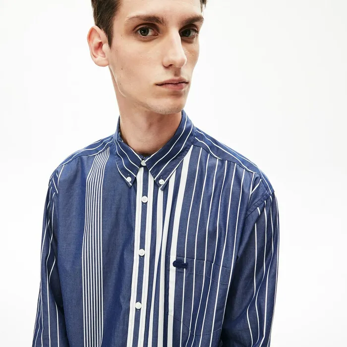 VariegatedStripe Relaxed Cotton Shirt Navy BlueWhite Mens Lacoste Button Down Shirts Casaul