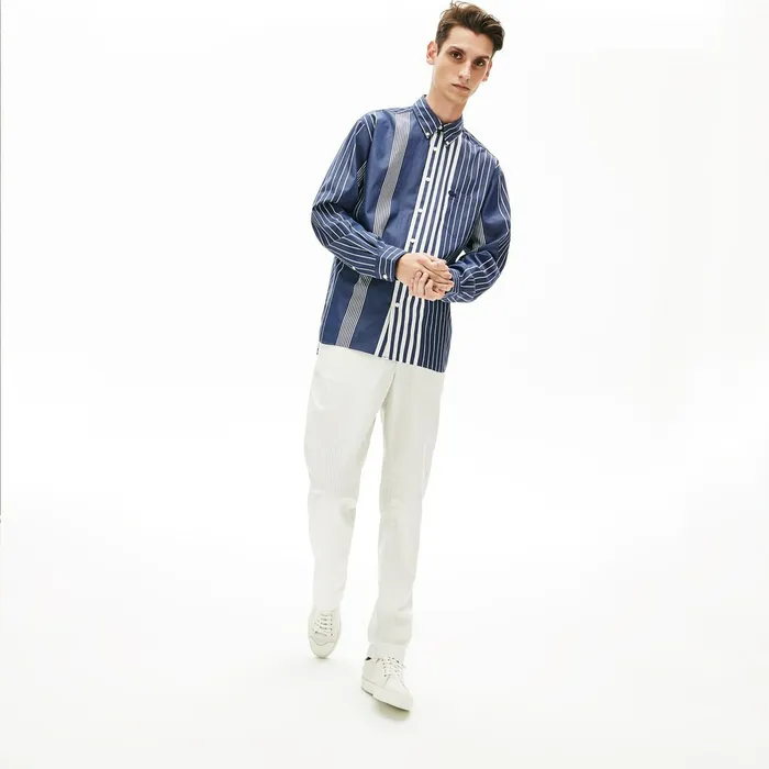 VariegatedStripe Relaxed Cotton Shirt Navy BlueWhite Mens Lacoste Button Down Shirts Casaul