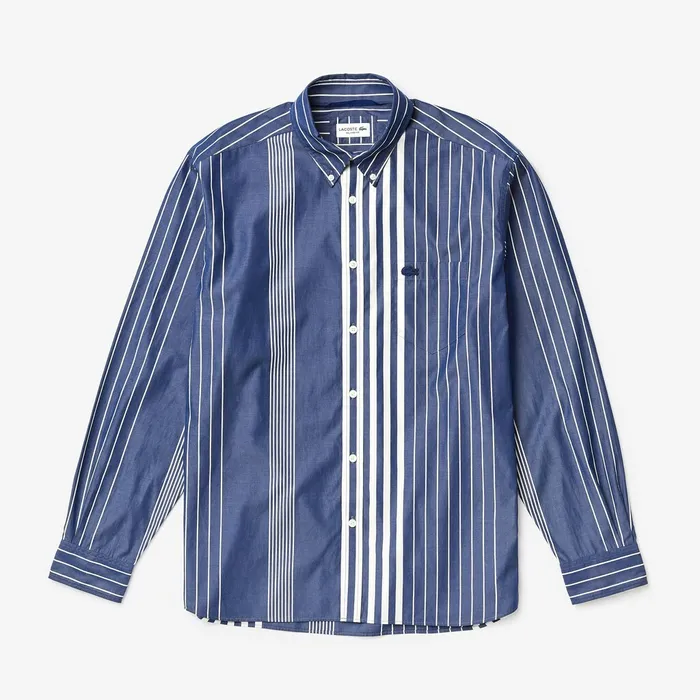 VariegatedStripe Relaxed Cotton Shirt Navy BlueWhite Mens Lacoste Button Down Shirts Casaul