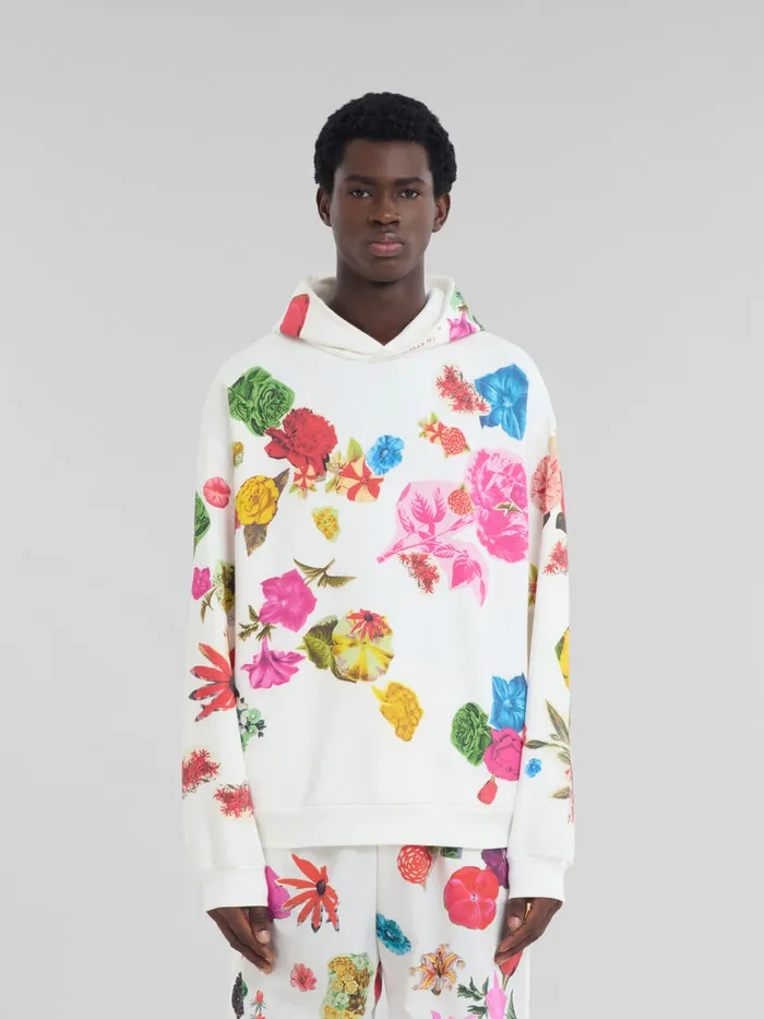 White Cotton Hoodie With Flower Prints Men Marni Sweatshirts