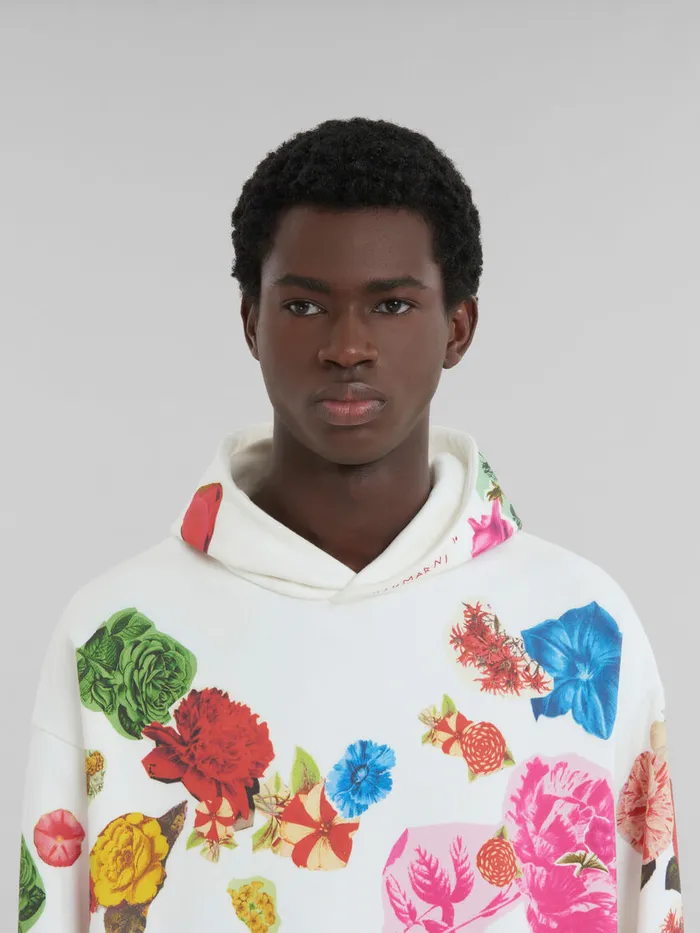 White Cotton Hoodie With Flower Prints Men Marni Sweatshirts