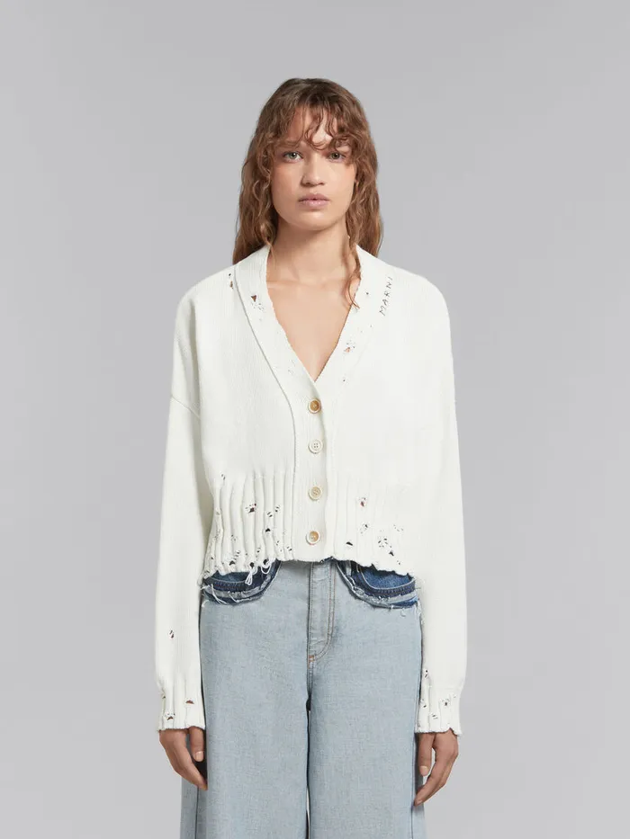 White Dishevelled Cotton Cropped Cardigan Women Marni Knitwear