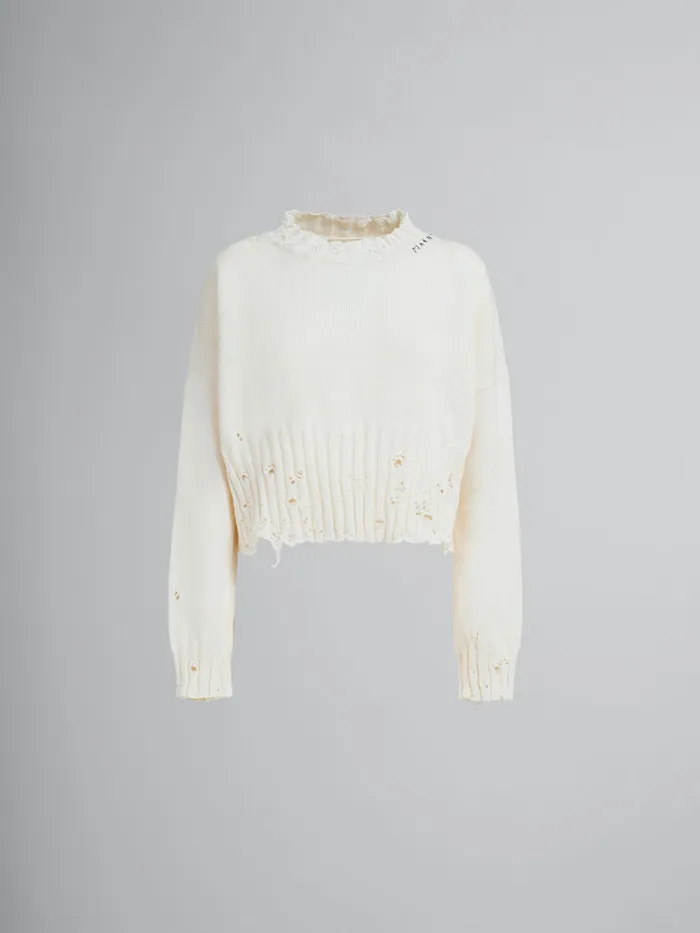 White Dishevelled Cotton Cropped Jumper Women Marni Knitwear