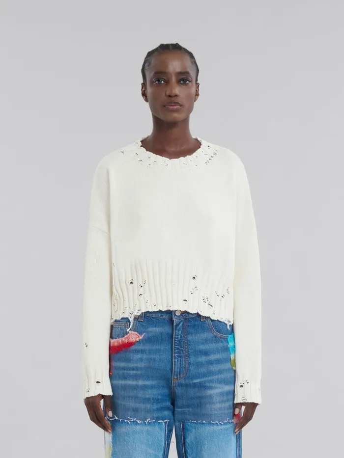 White Dishevelled Cotton Cropped Jumper Women Marni Knitwear