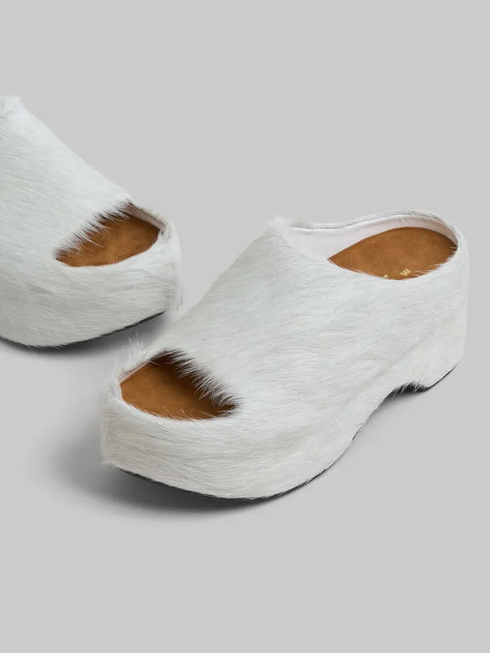 White Longhair Calfskin Chunky Clog Slide Women Marni Slides and Sandals