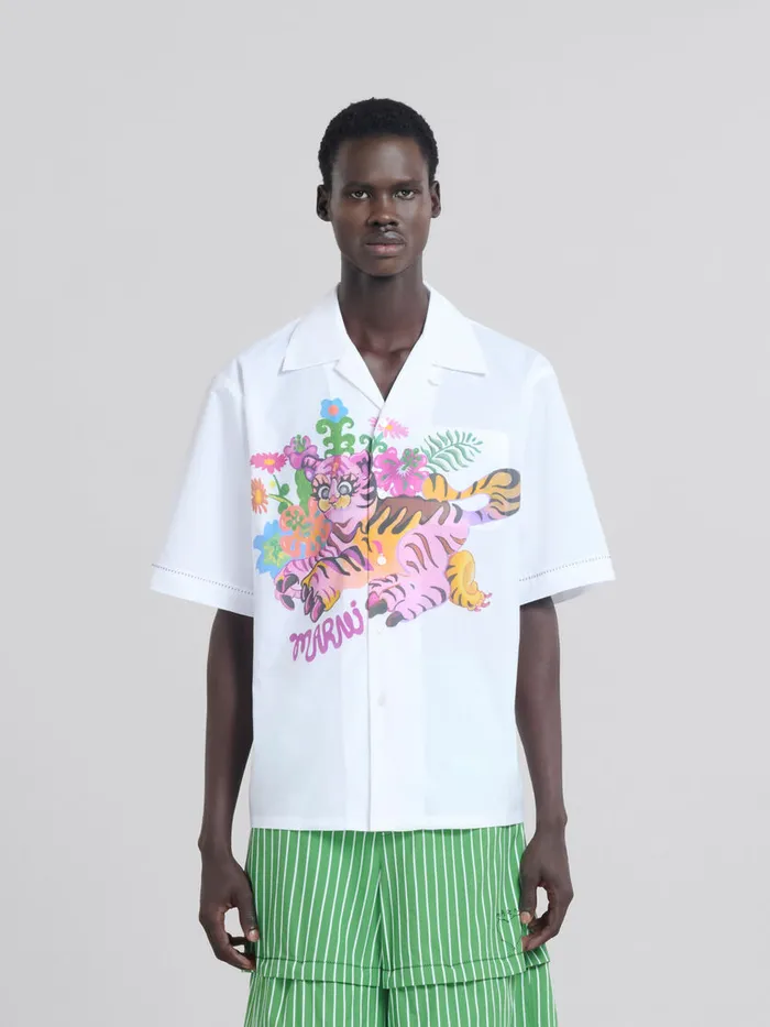 White Organic Poplin Bowling Shirt With Print Men Marni Tops and TShirts