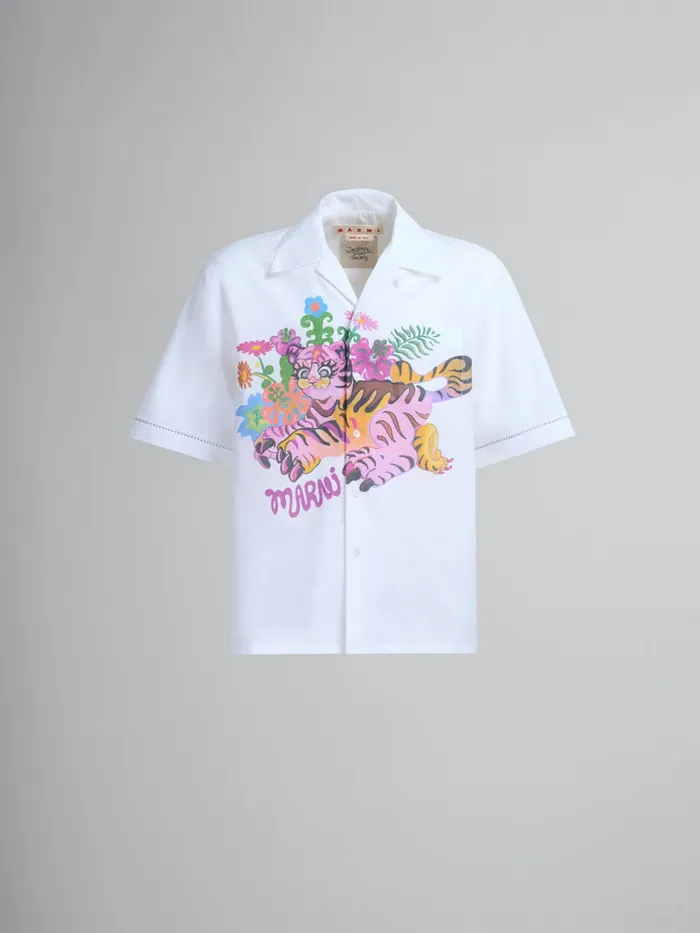 White Organic Poplin Bowling Shirt With Print Men Marni Tops and TShirts