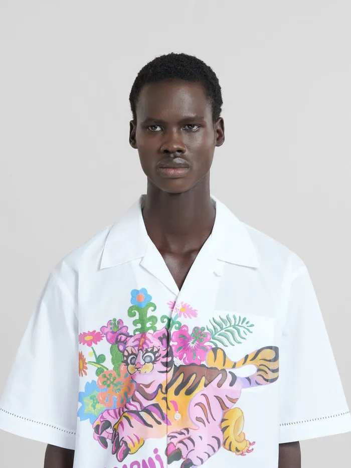 White Organic Poplin Bowling Shirt With Print Men Marni Tops and TShirts