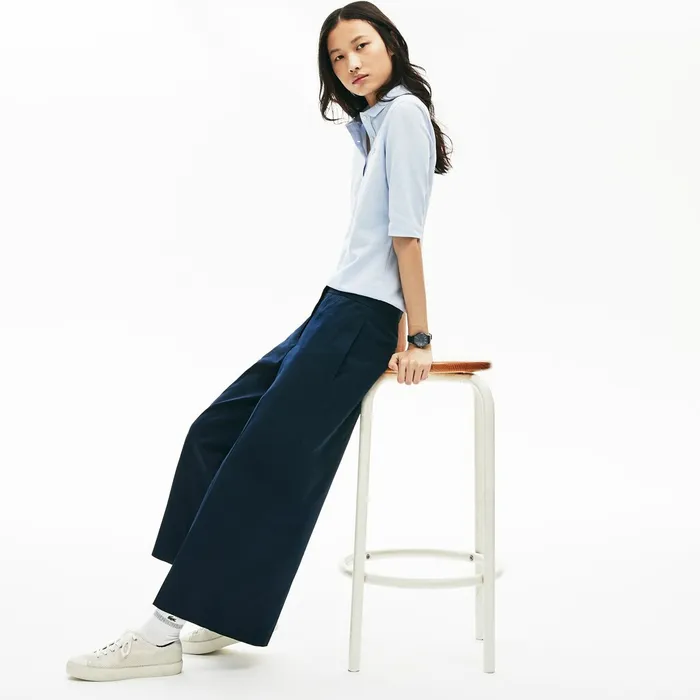Wide Cropped Cotton Pants Navy Blue Womens Lacoste Pants and Shorts Outlet