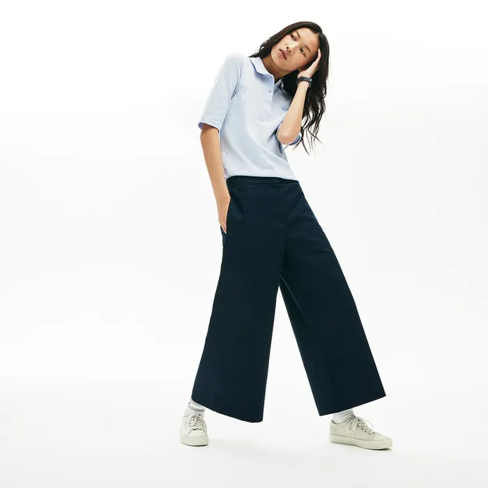 Wide Cropped Cotton Pants Navy Blue Womens Lacoste Pants and Shorts Outlet