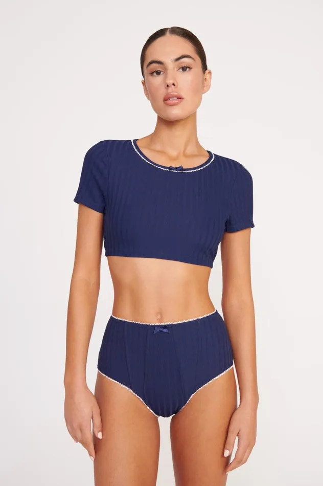 Women Bikinis STAUD STAUD BRENTON HIGH RISE BIKINI BOTTOM NAVY WHITE
