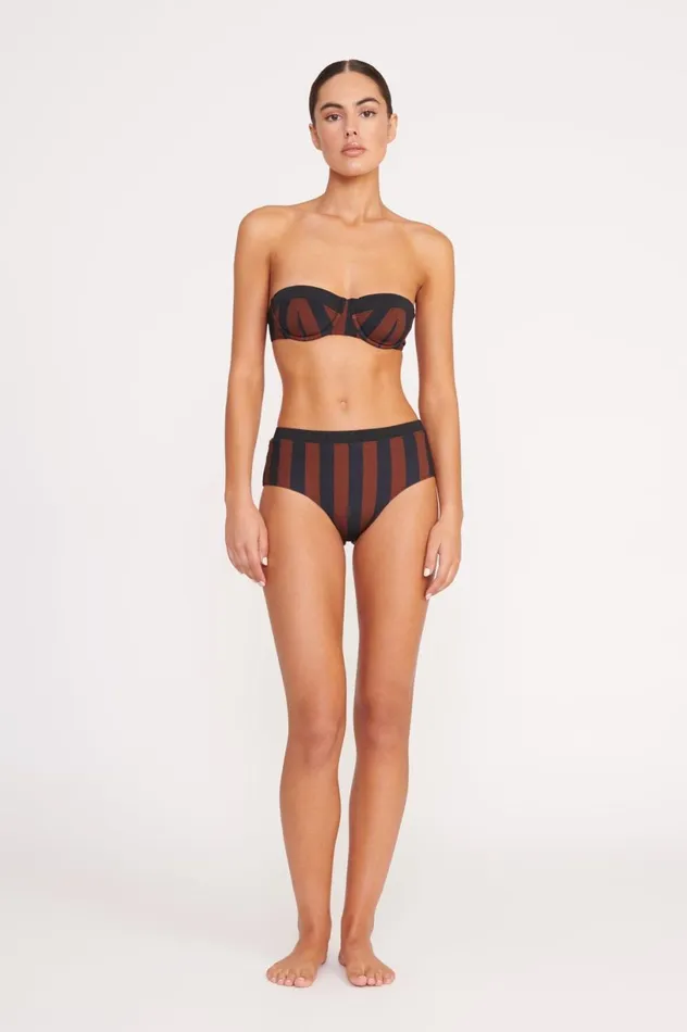Women Bikinis STAUD STAUD DEVON HIGH RISE BIKINI BOTTOM BLACK TAN SEASHORE STRIPE