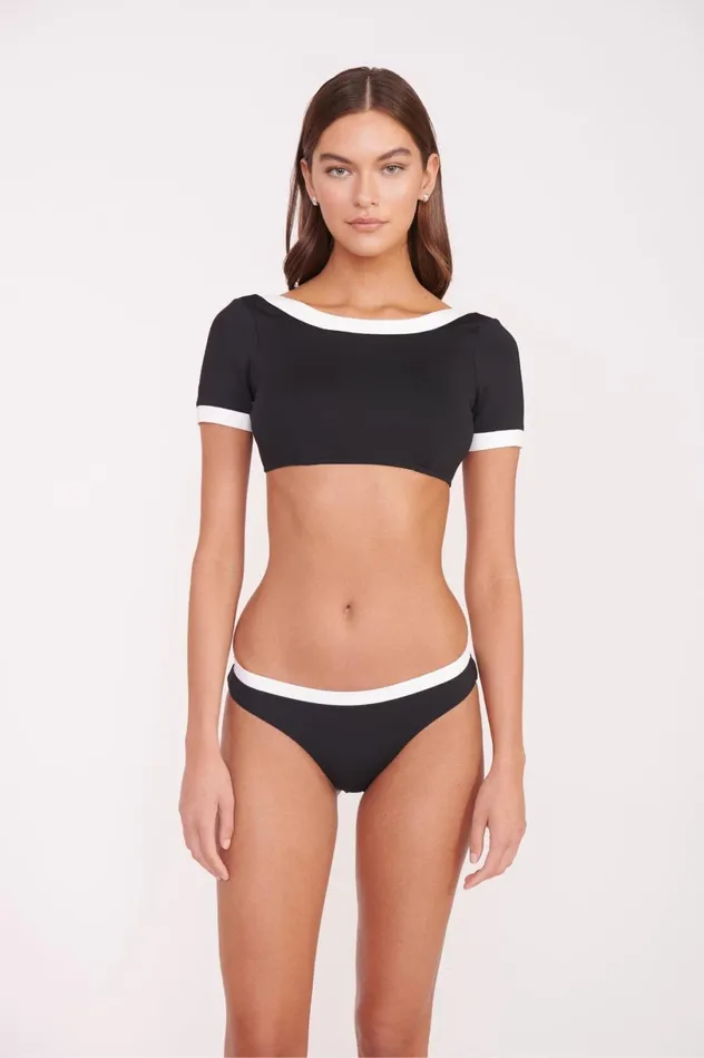 Women Bikinis STAUD STAUD LILY SHORT SLEEVE BIKINI TOP BLACK WHITE