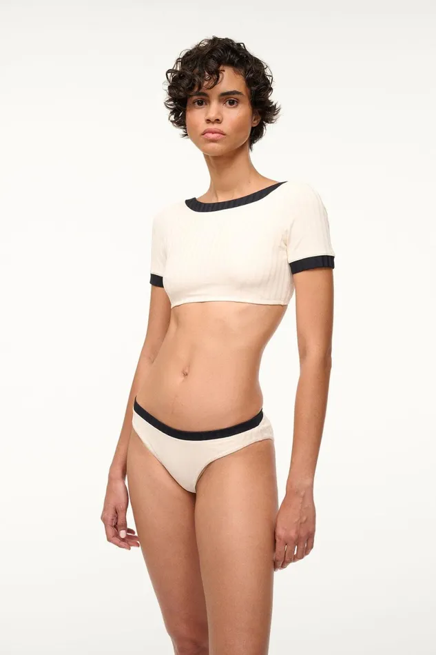 Women Bikinis STAUD STAUD LILY SHORT SLEEVE BIKINI TOP IVORY BLACK