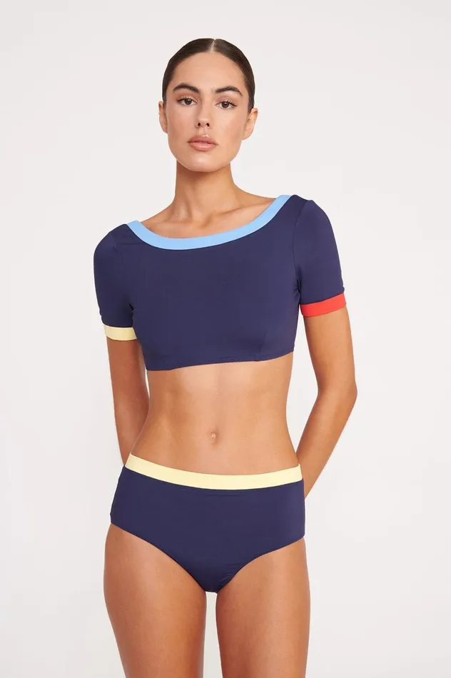 Women Bikinis STAUD STAUD LILY SHORT SLEEVE BIKINI TOP NAVY COLORBLOCK