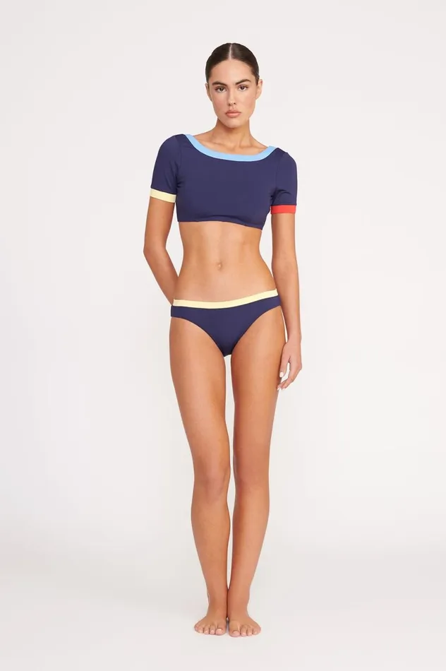 Women Bikinis STAUD STAUD LILY SHORT SLEEVE BIKINI TOP NAVY COLORBLOCK