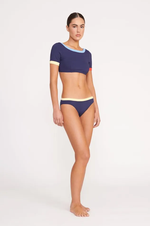 Women Bikinis STAUD STAUD LILY SHORT SLEEVE BIKINI TOP NAVY COLORBLOCK