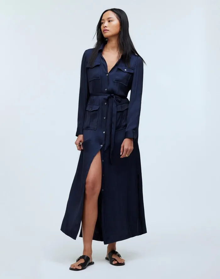 Women Dresses Madewell ButtonFront Utility Shirtdress In Satin