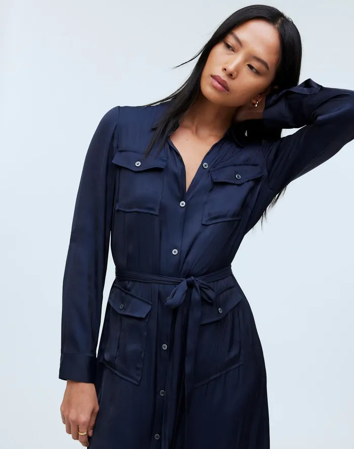 Women Dresses Madewell ButtonFront Utility Shirtdress In Satin