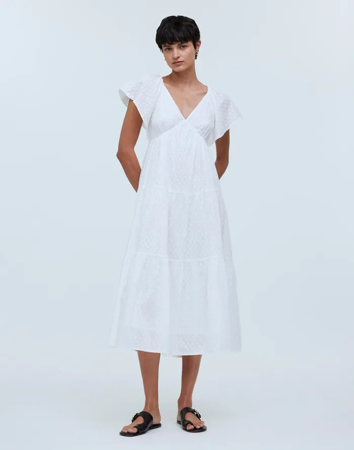 Women Dresses Madewell TieBack FlutterSleeve Tiered Midi Dress