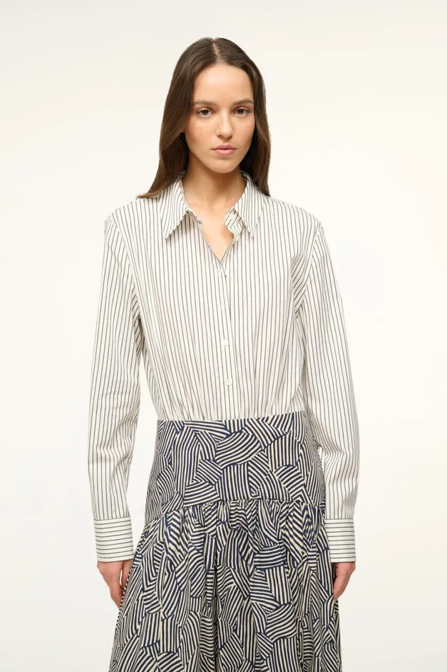 Women Dresses STAUD STAUD ROCCO DRESS IVORY MICRO STRIPE NAVY MOSAIC Women Dresses STAUD STAUD ROCCO DRESS IVORY MICRO STRIPE NAVY MOSAIC