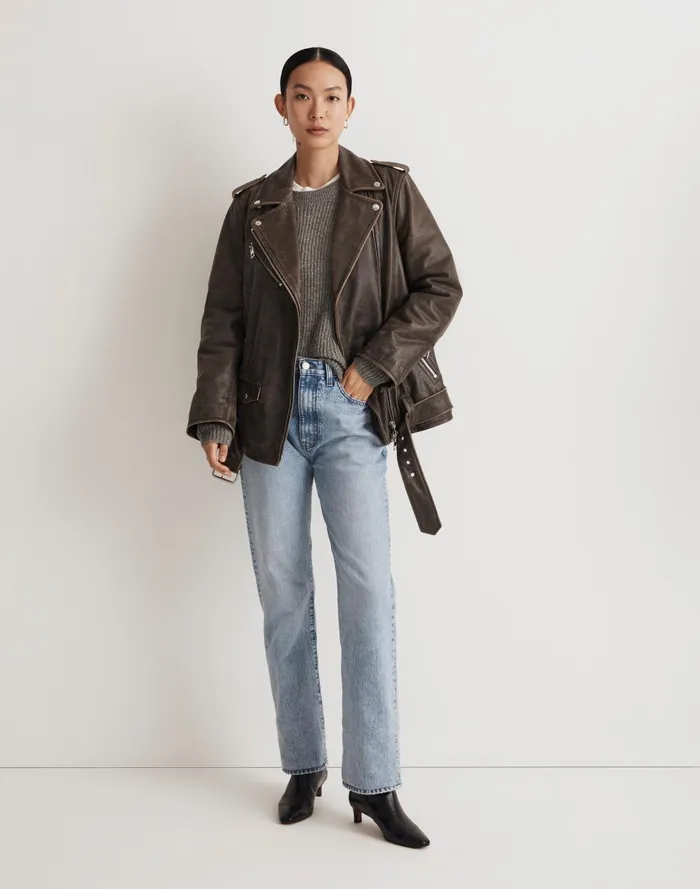 Women Jackets Madewell Distressed Leather Oversized Motorcycle Jacket